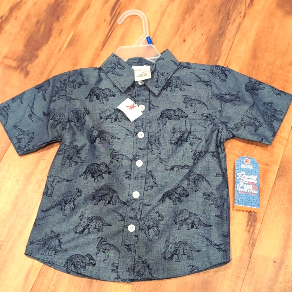 Alex&Jack 3T grey/denim button down dinosaur short sleeved shirt